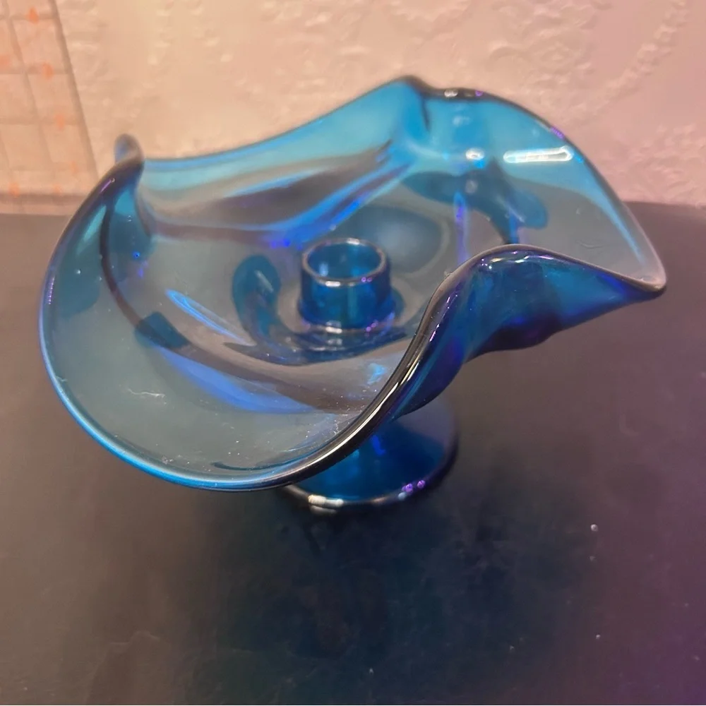 Blue Art Glass Viking Candle holder